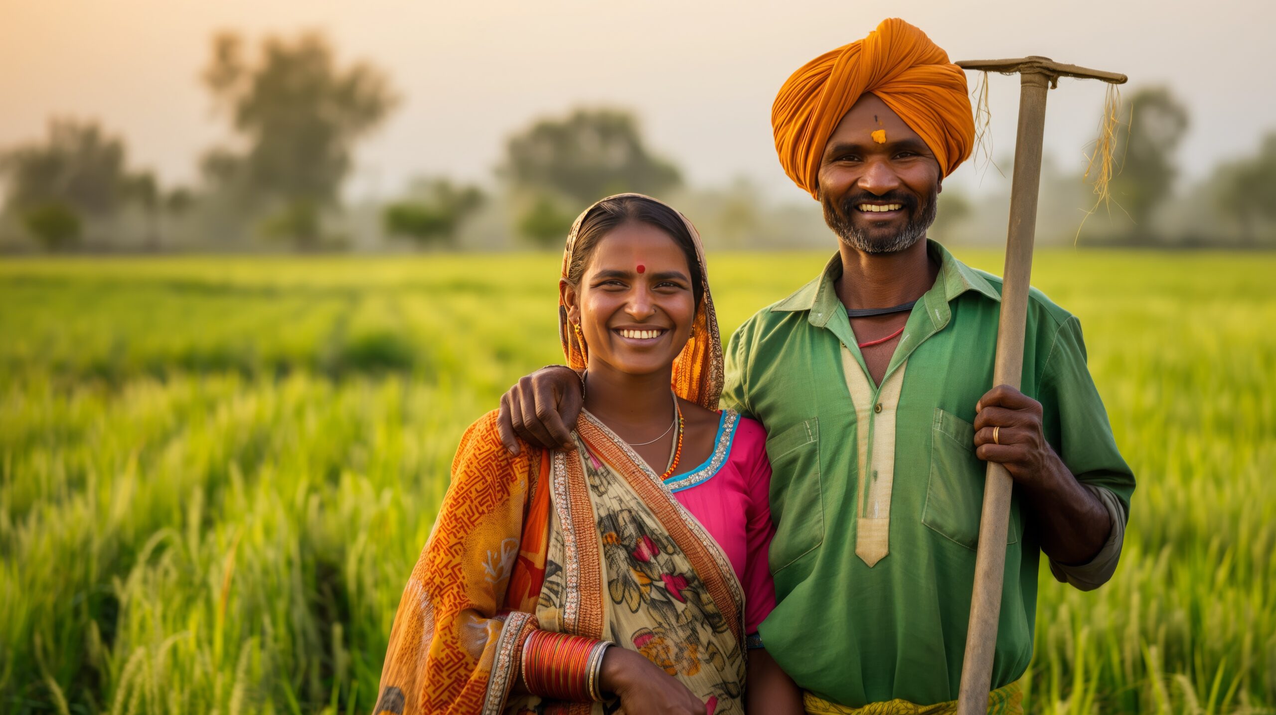 Proud and Happy Indian Farmer Couple Smiling Confidently in Lush Green Field